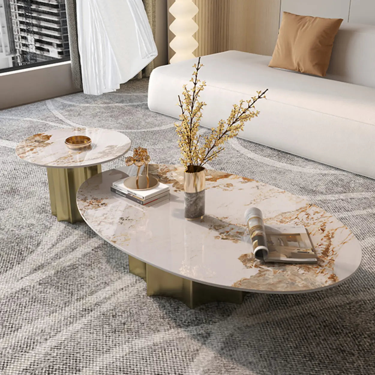 Pandora Gold Scratch Resistant Stone Oval Coffee Table — White
