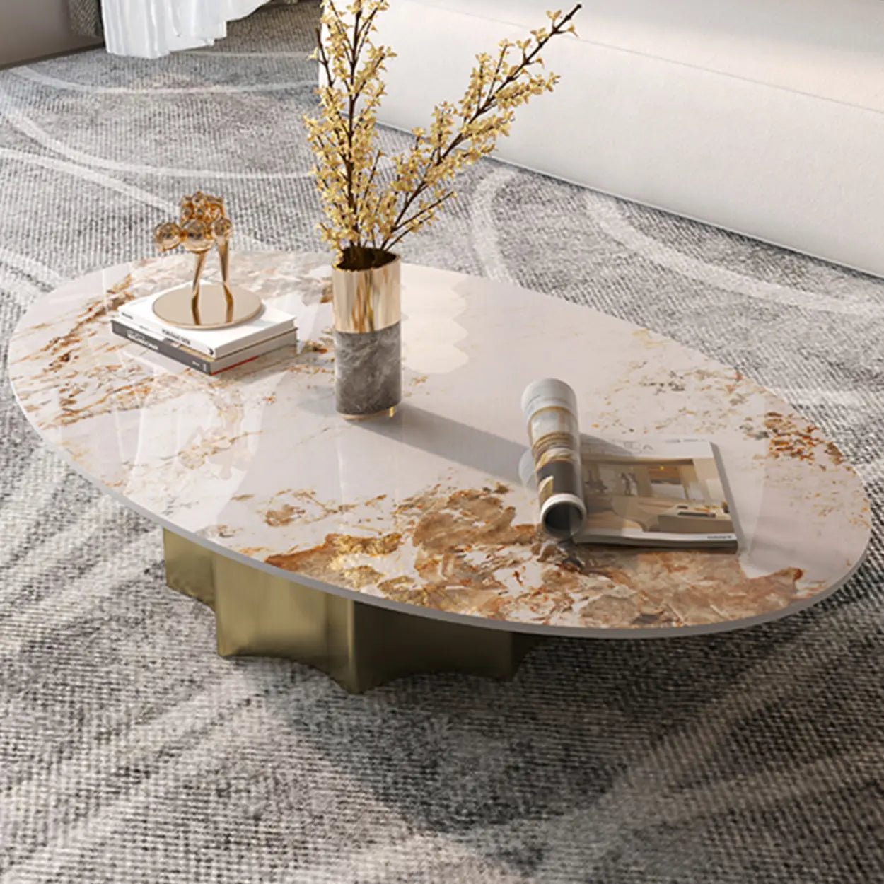 Pandora Gold Scratch Resistant Stone Oval Coffee Table — Pandora & Gold