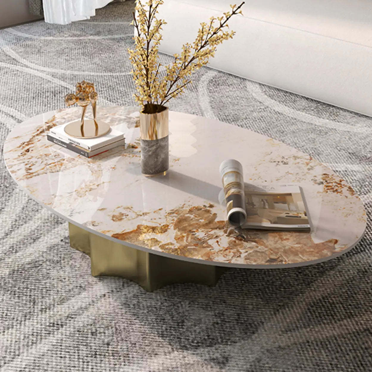Pandora Gold Scratch Resistant Stone Oval Coffee Table — Pandora & Gold