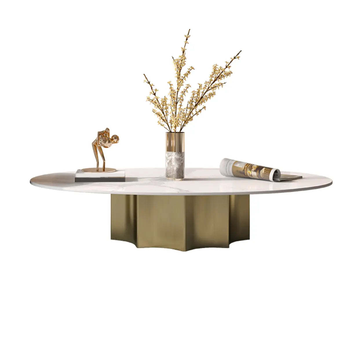 Luxury resistant oval gold stone coffee tables, Lighom — 47" L x 27.5" W x 16" H / White
