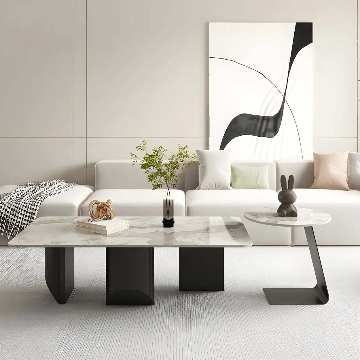 Pandora Gold Stone Black Metal Coffee Table — White