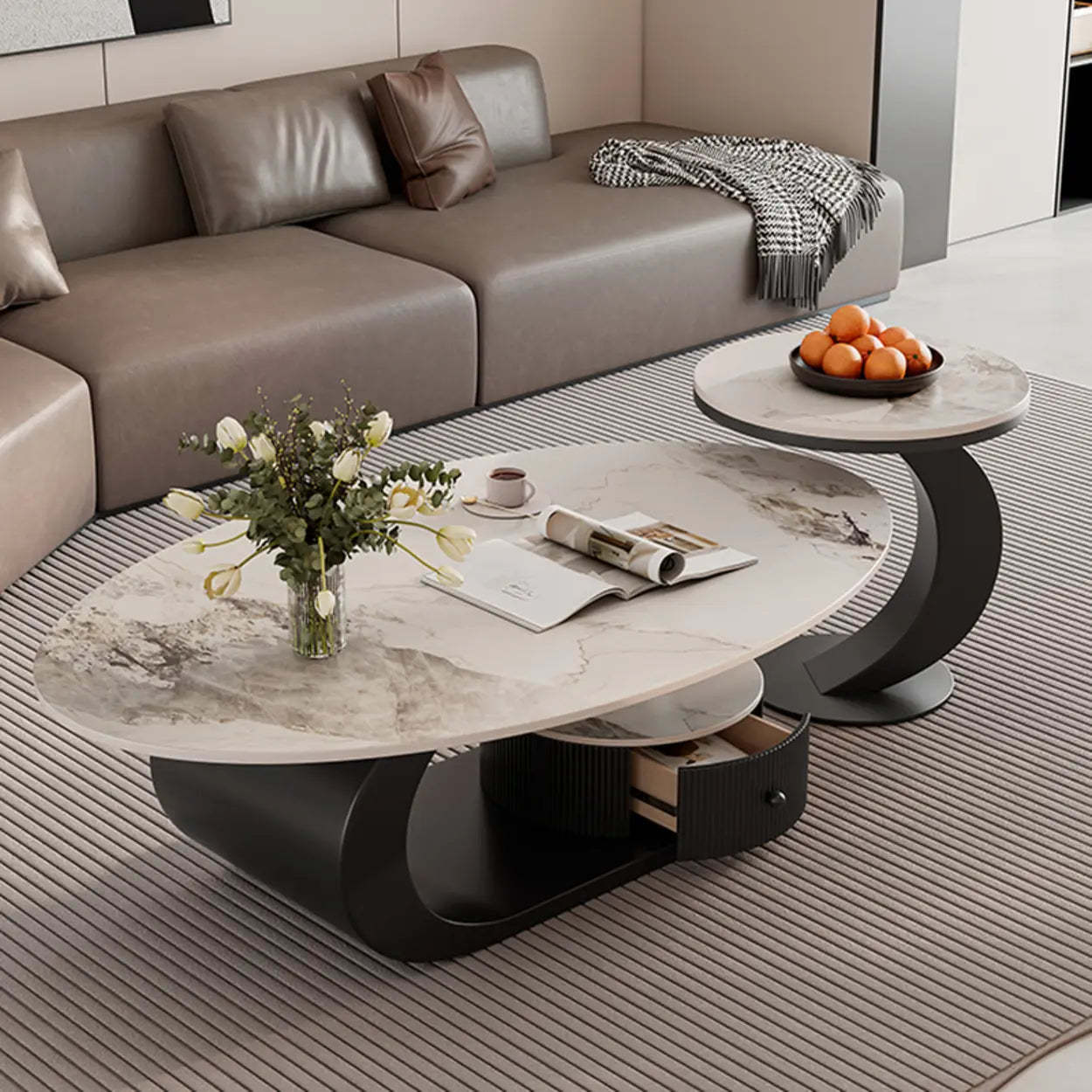 Pandora Stone Oval Abstract Base Nesting Coffee Table — White