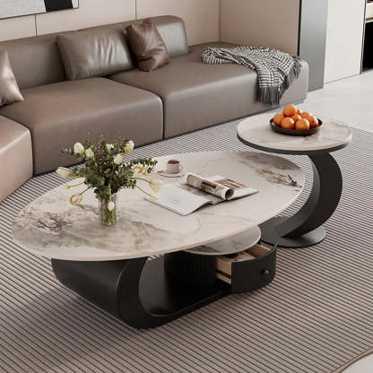 Pandora Stone Oval Abstract Base Nesting Coffee Table — White