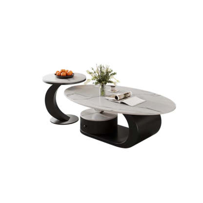Pandora Stone Oval Abstract Base Nesting Coffee Table — Beige
