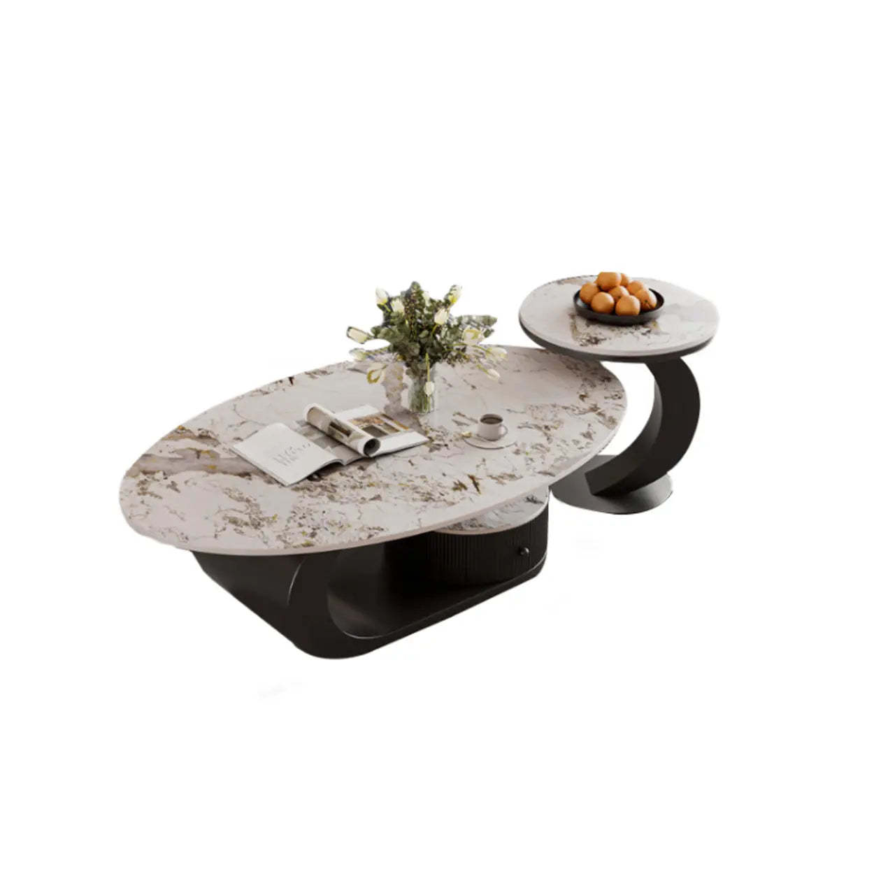 Pandora Stone Oval Abstract Base Nesting Coffee Table — Pandora