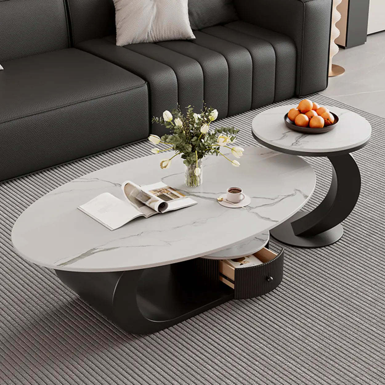 Pandora Stone Oval Abstract Base Nesting Coffee Table — White/ Marbling