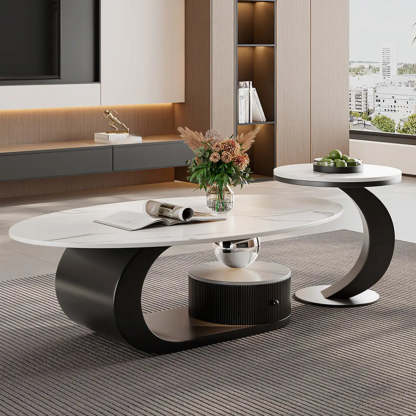Pandora Stone Oval Abstract Base Nesting Coffee Table — Beige