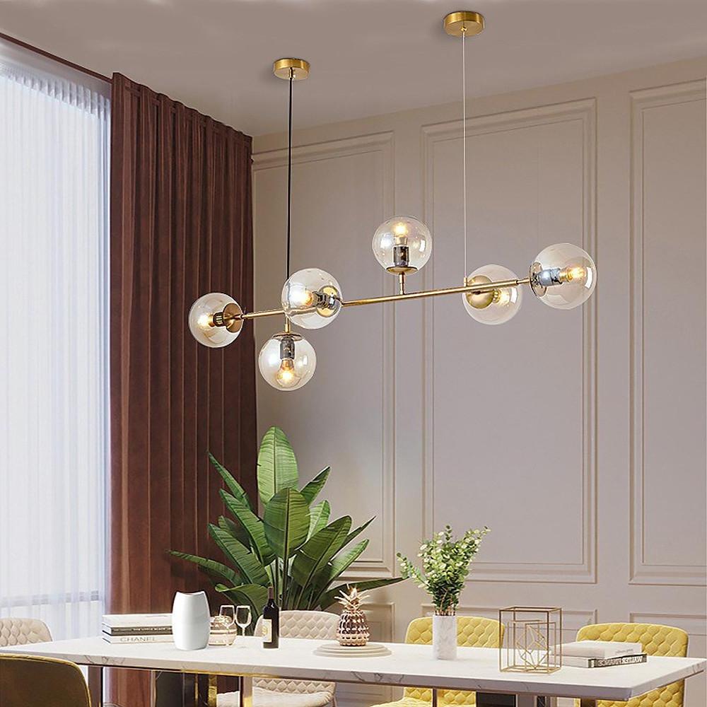 Linear globe glass chandeliers for living room — Gold & Amber / No Bulb / 6-Light