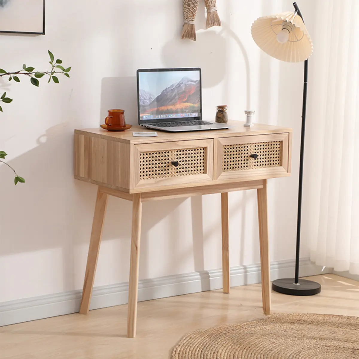 Pine Butcher Block Small Narrow Drawer Writing Desk — Without Chairs / Light Walnut