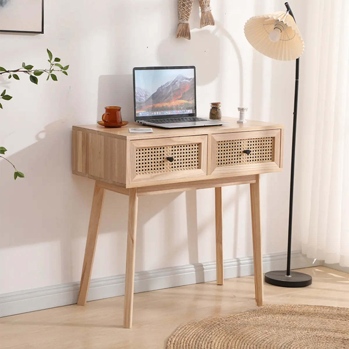 Pine Butcher Block Small Narrow Drawer Writing Desk — Without Chairs / Light Walnut