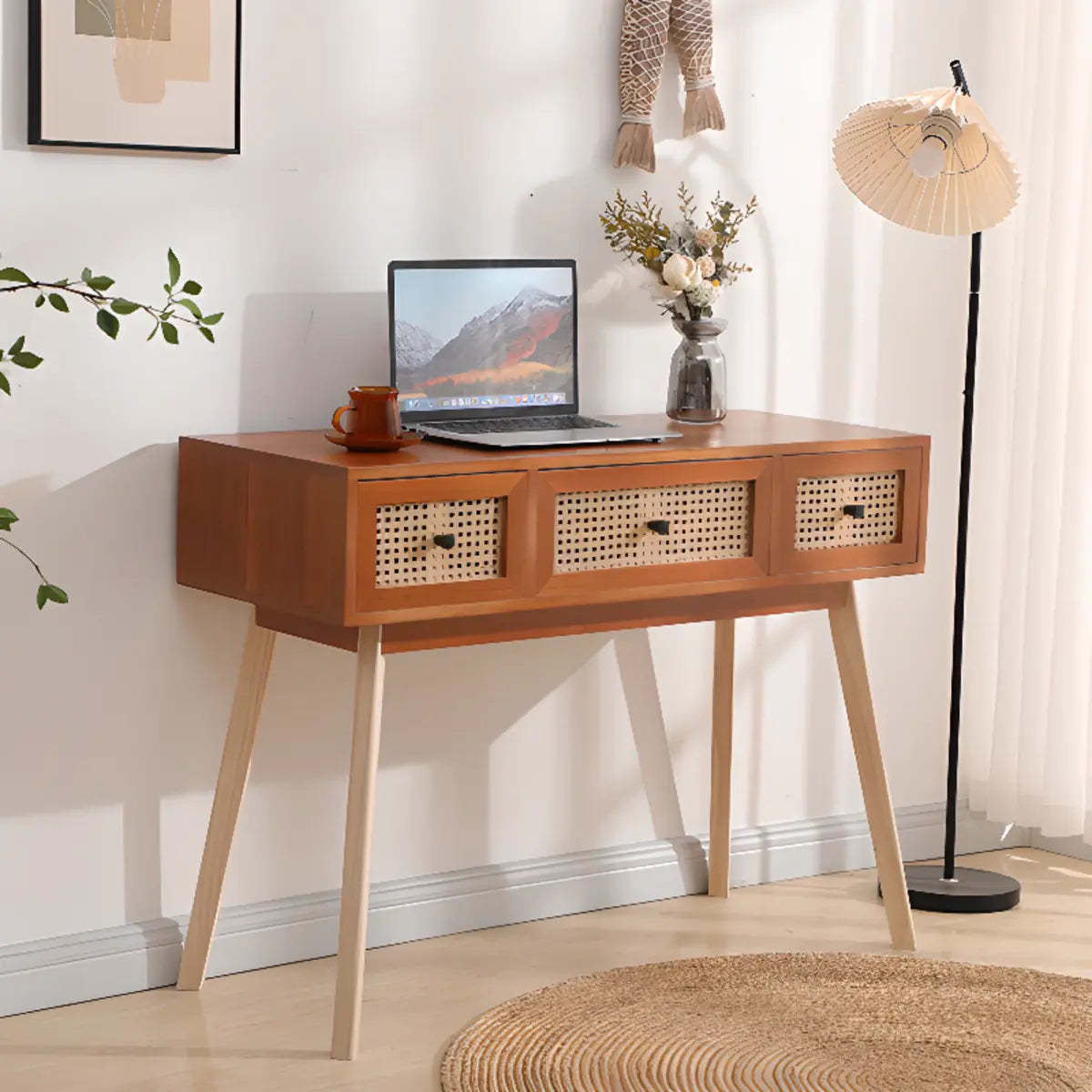 Pine Butcher Block Small Narrow Drawer Writing Desk — Without Chairs / Dark Walnut