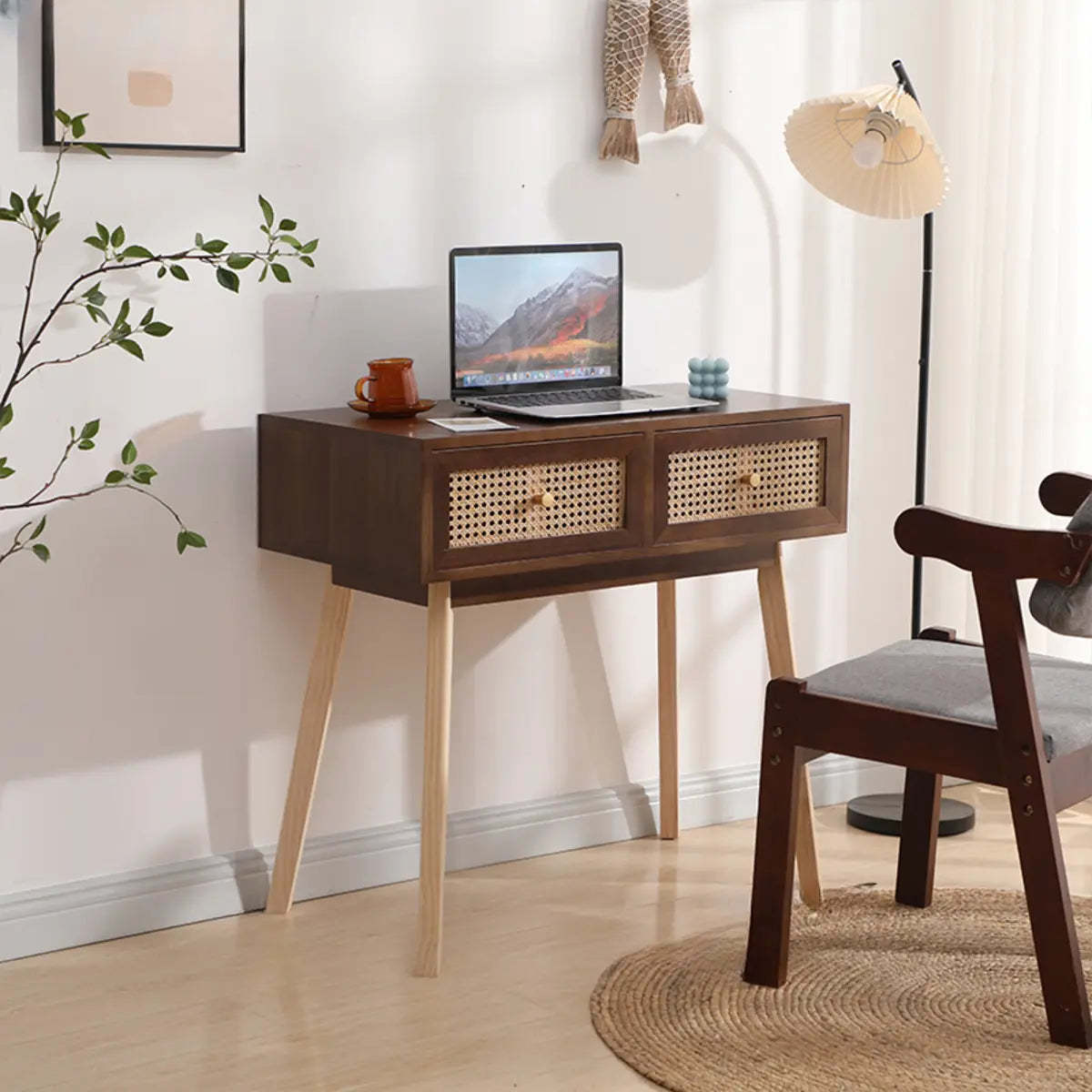 Pine Butcher Block Small Narrow Drawer Writing Desk — Without Chairs / Light Walnut