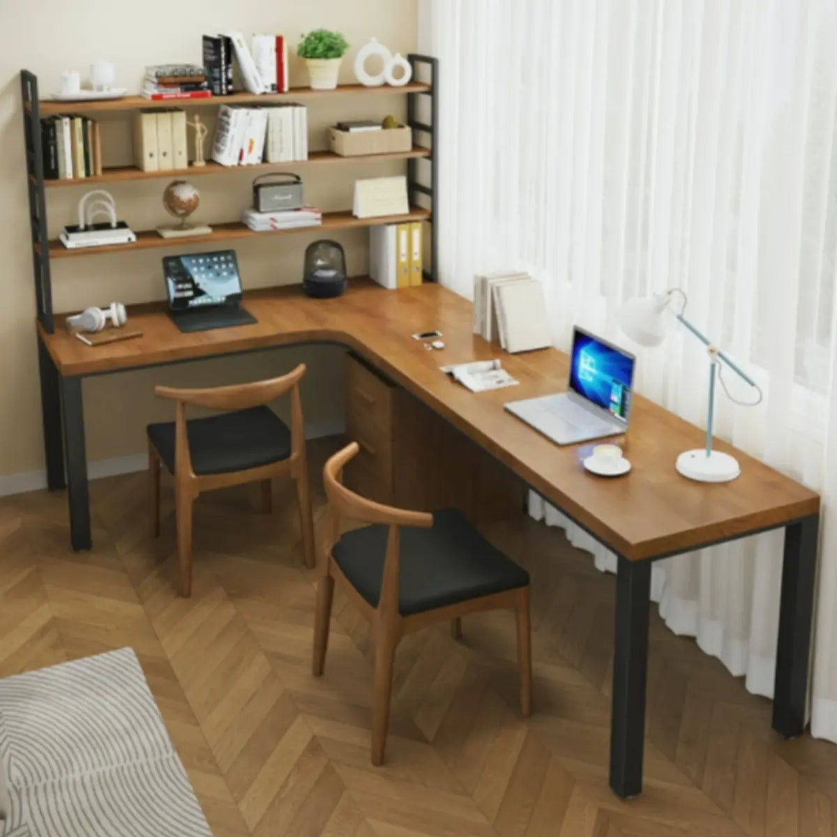 Pine Wood Iron-Base L-Shaped Writing Desk — Table with Shelf / Left Hand Return