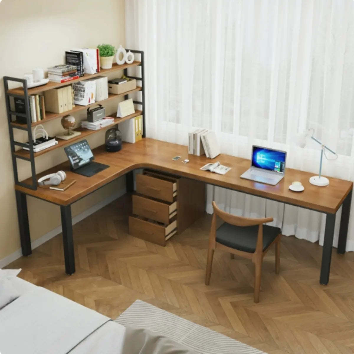 Pine Wood Iron-Base L-Shaped Writing Desk — Table with Shelf / Left Hand Return