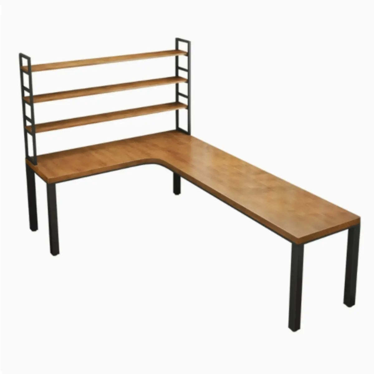 Pine Wood Iron-Base L-Shaped Writing Desk — Table with Shelf / Right Hand Return