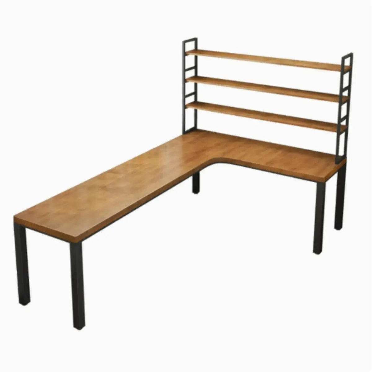 Pine Wood Iron-Base L-Shaped Writing Desk — Table with Shelf / Left Hand Return
