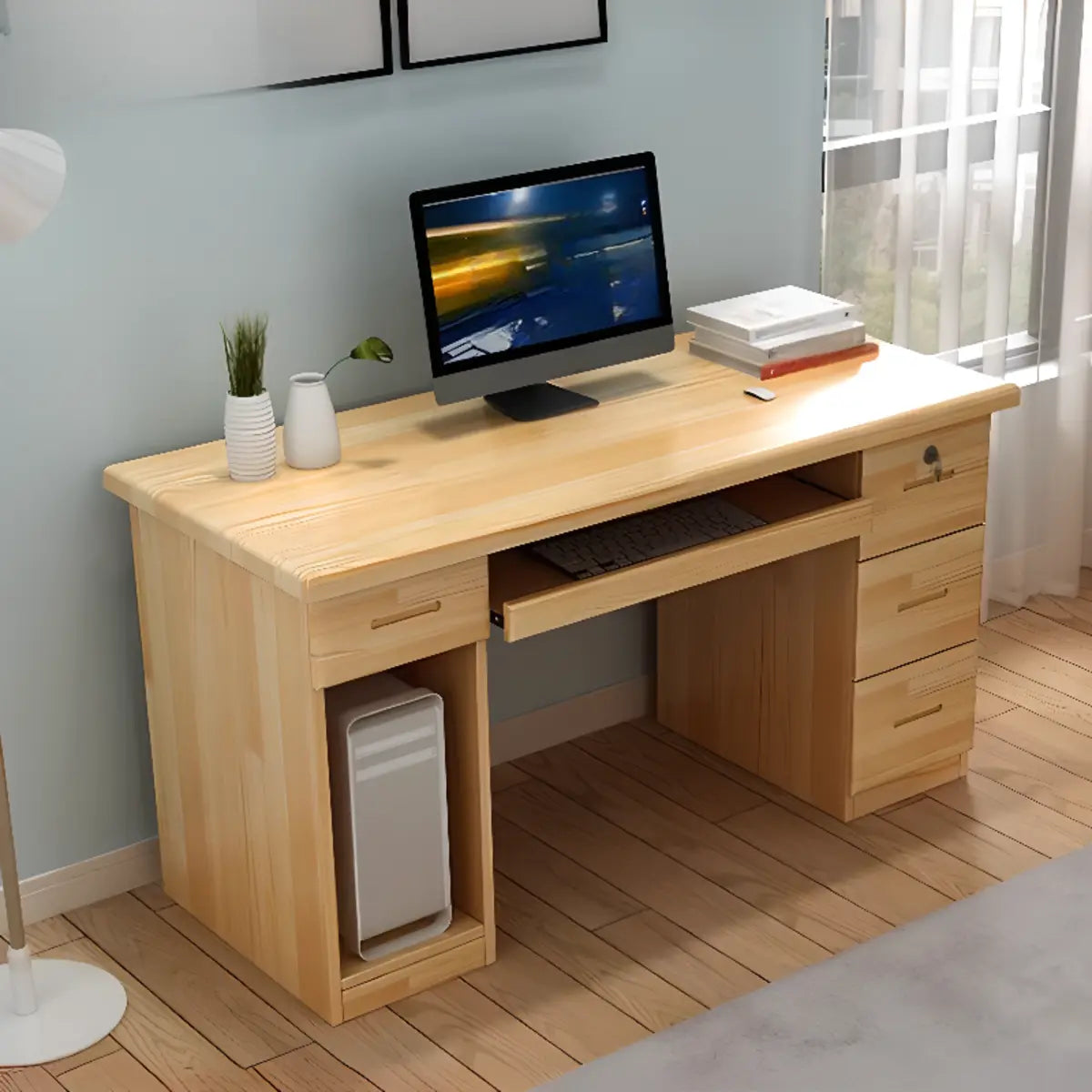 Pine Wood Soft-Close Keyboard Tray Writing Desk