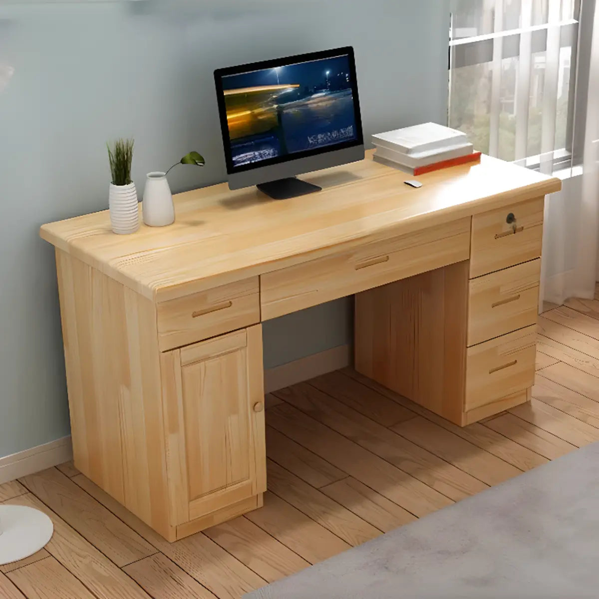Pine Wood Soft-Close Keyboard Tray Writing Desk — Without Chairs / 4