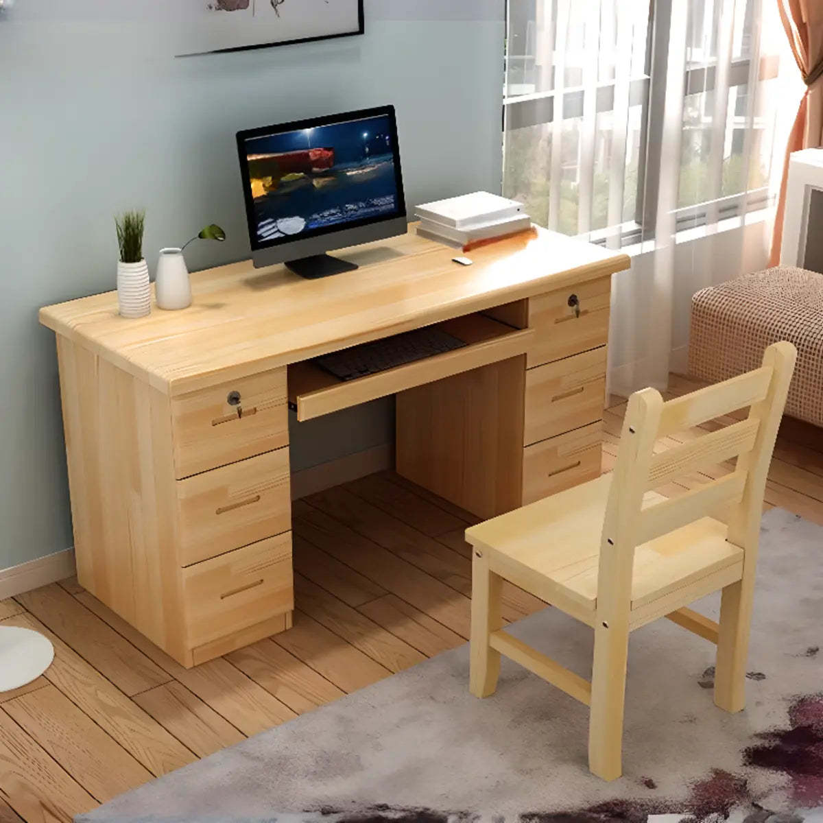 Pine Wood Soft-Close Keyboard Tray Writing Desk — Without Chairs / 5