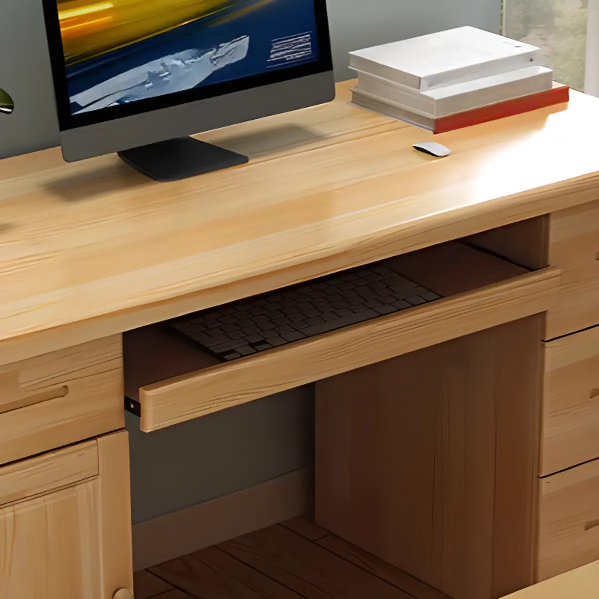 Pine Wood Soft-Close Keyboard Tray Writing Desk — Without Chairs / 5