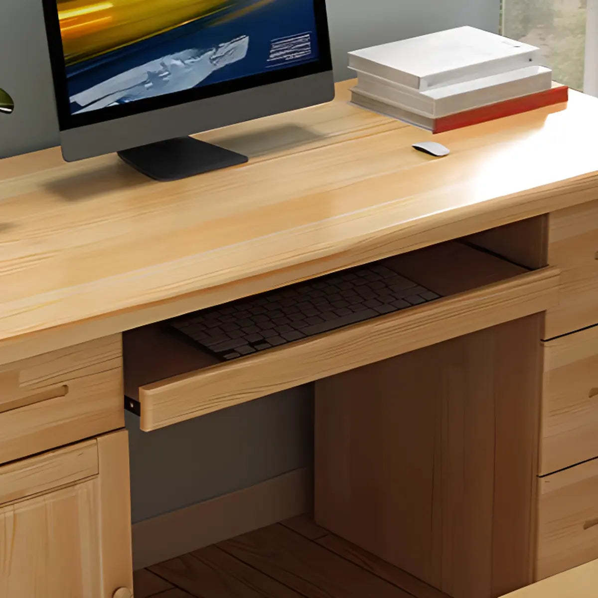 Pine Wood Soft-Close Keyboard Tray Writing Desk — Without Chairs / 5