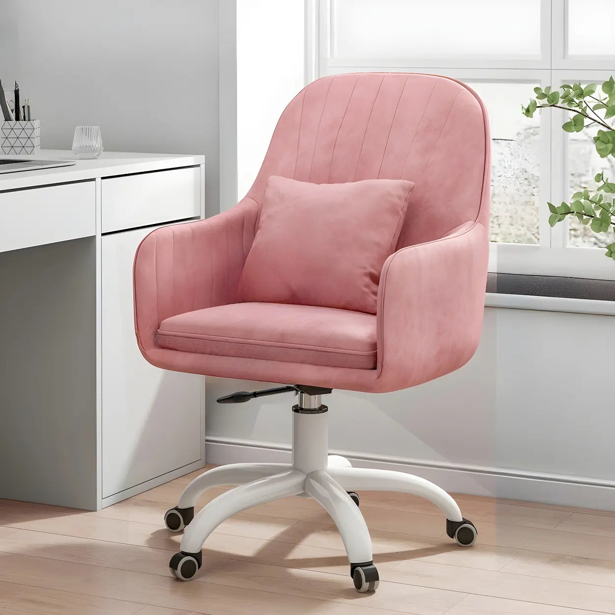 Pink Adjustable Plush Upholstered Swivel Office Chair — Pink / White / Sponge