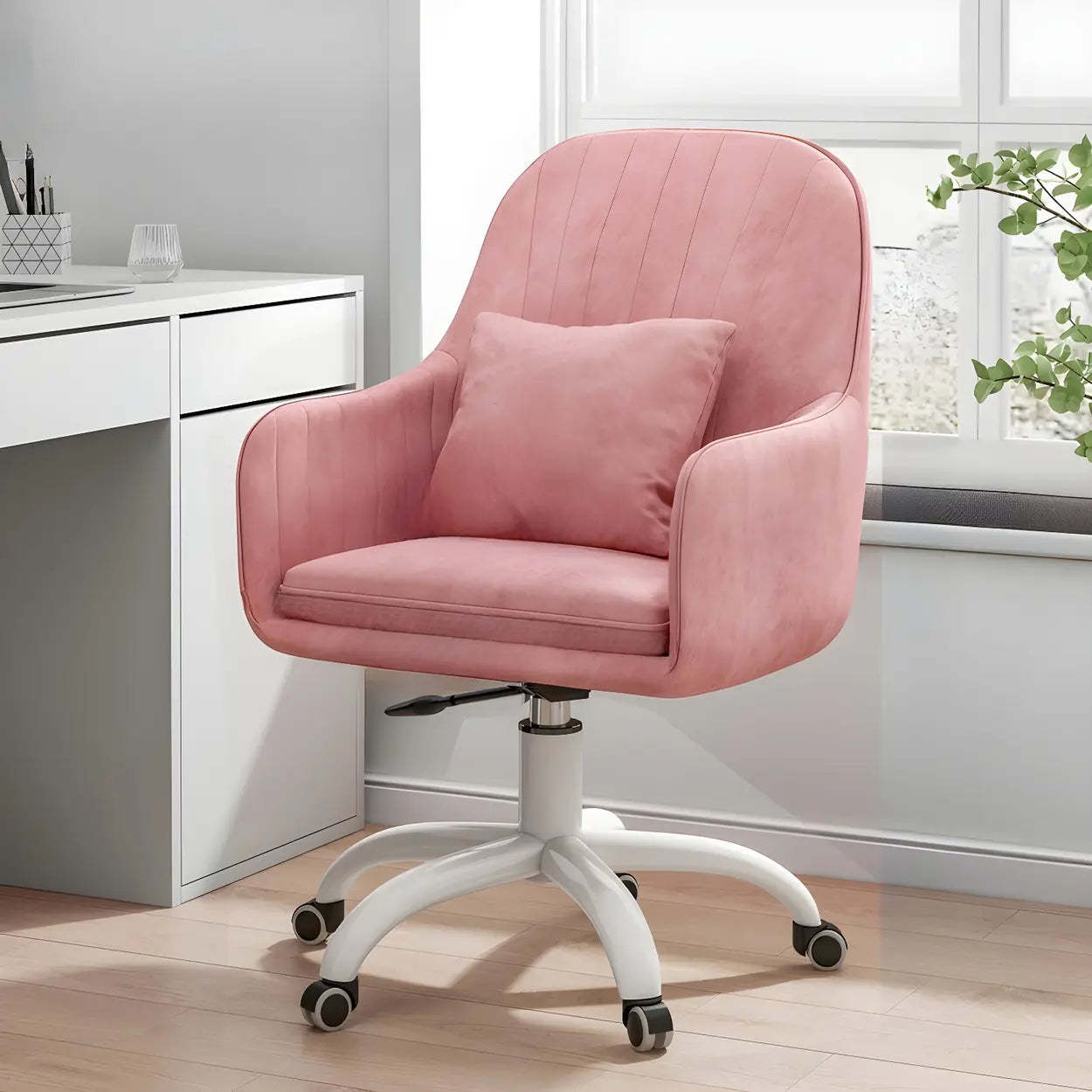 Pink Adjustable Plush Upholstered Swivel Office Chair — Pink / White / Sponge