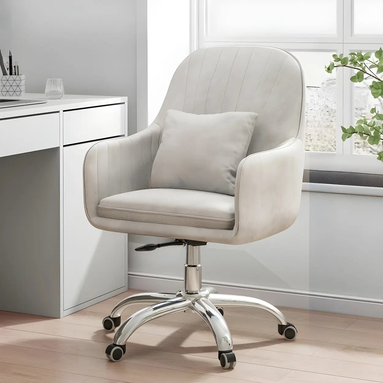 Pink Adjustable Plush Upholstered Swivel Office Chair — White / Chrome / Sponge