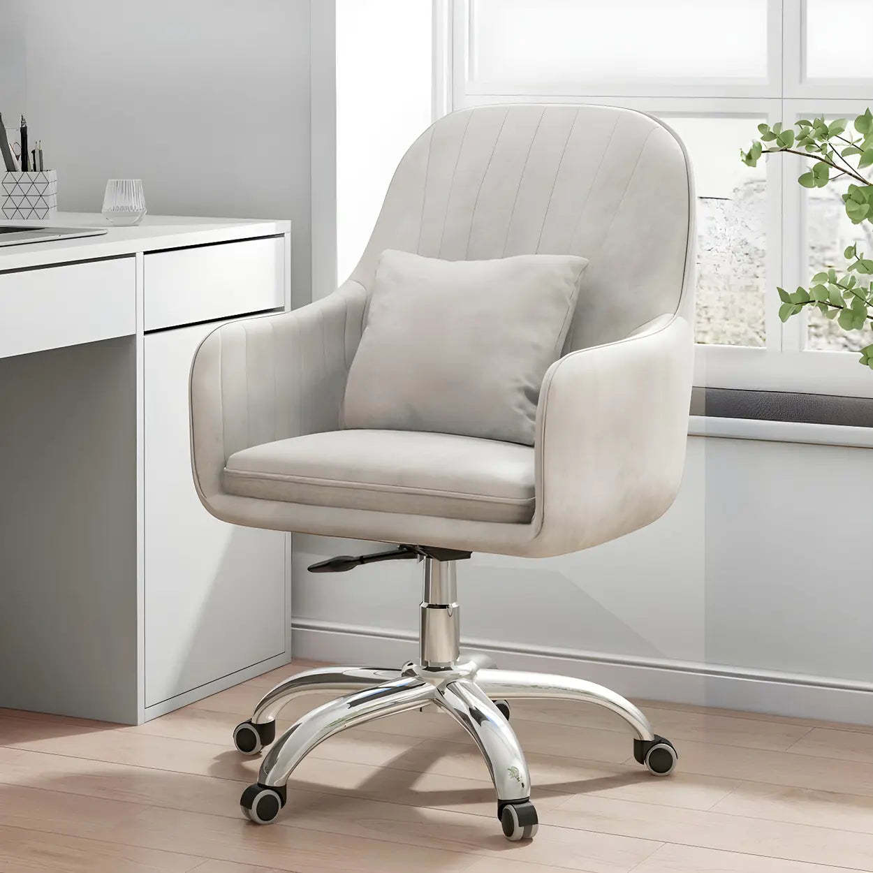 Pink Adjustable Plush Upholstered Swivel Office Chair — White / Chrome / Sponge