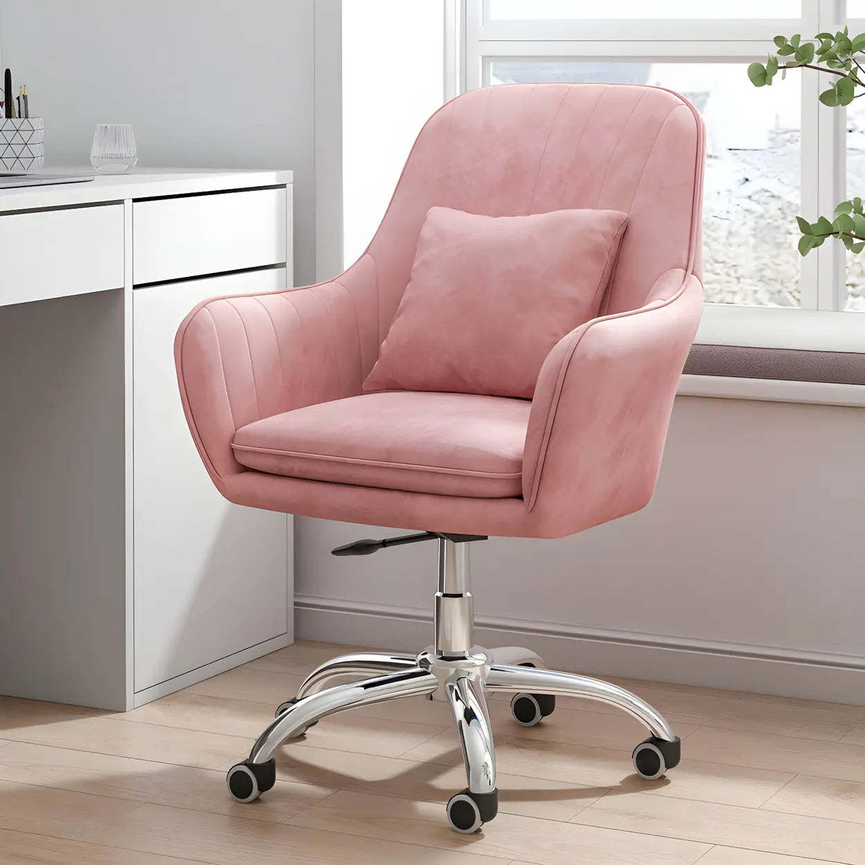 Pink Adjustable Plush Upholstered Swivel Office Chair — Blue / Chrome / Latex