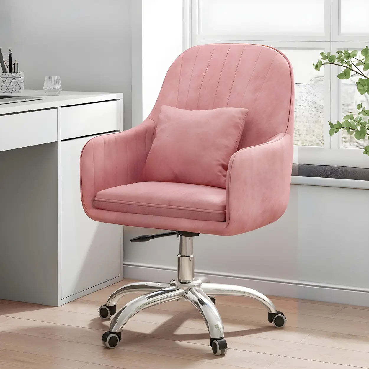 Pink Adjustable Plush Upholstered Swivel Office Chair — Blue / Chrome / Sponge