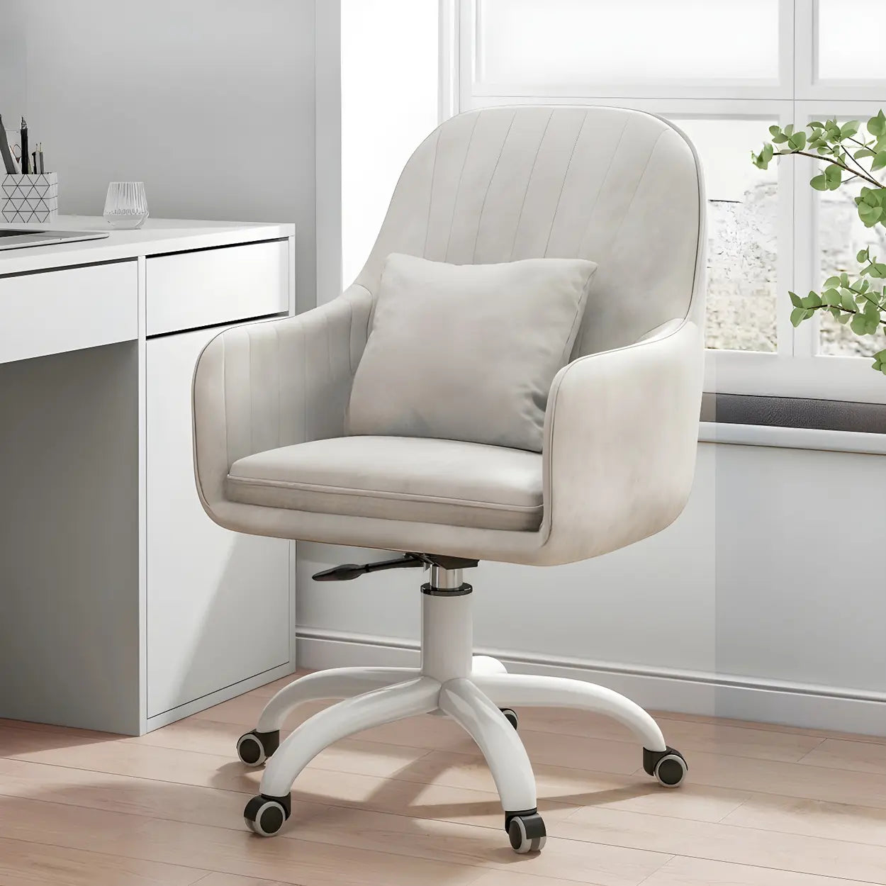 Pink Adjustable Plush Upholstered Swivel Office Chair — Grey / Chrome / Latex