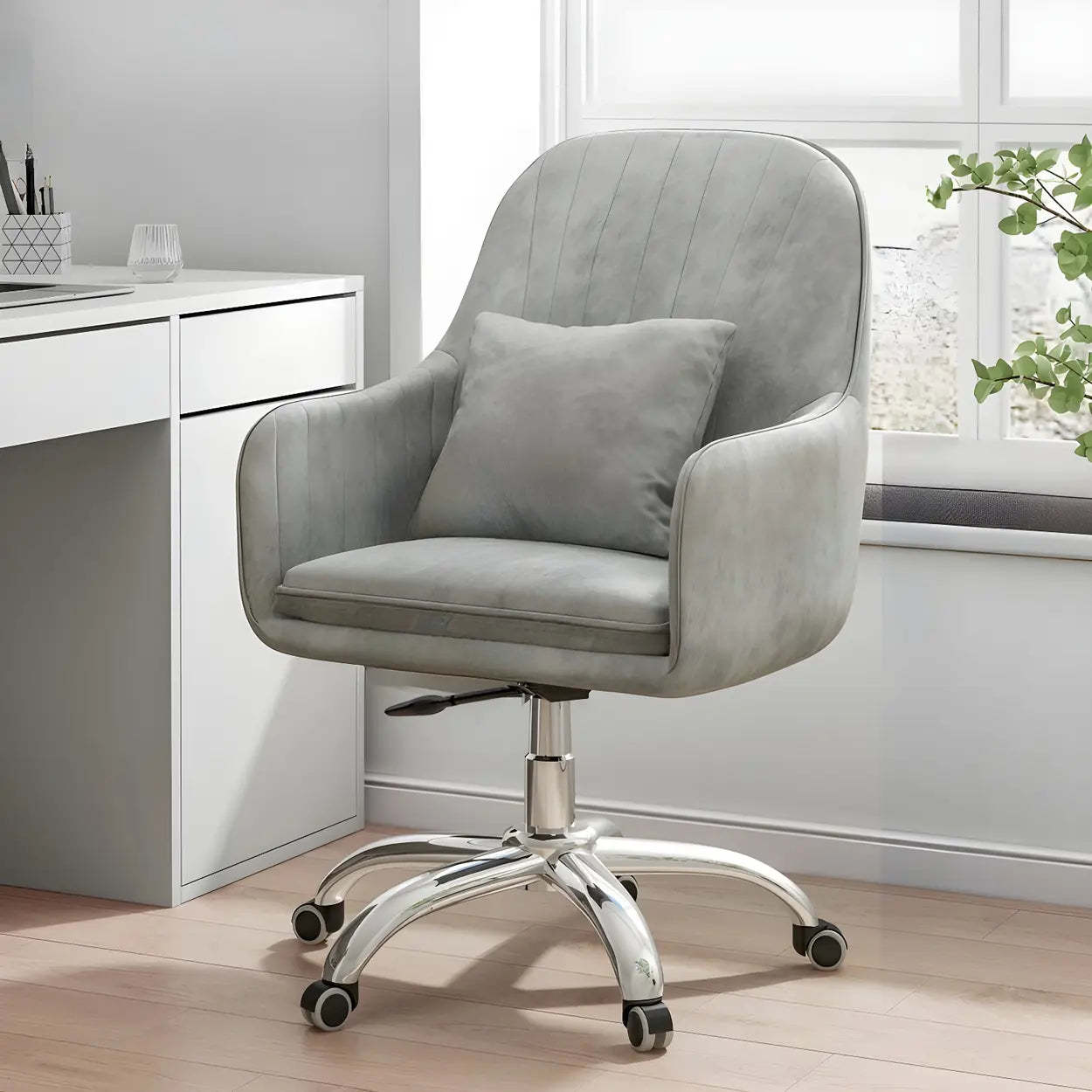 Pink Adjustable Plush Upholstered Swivel Office Chair — Grey / White / Latex