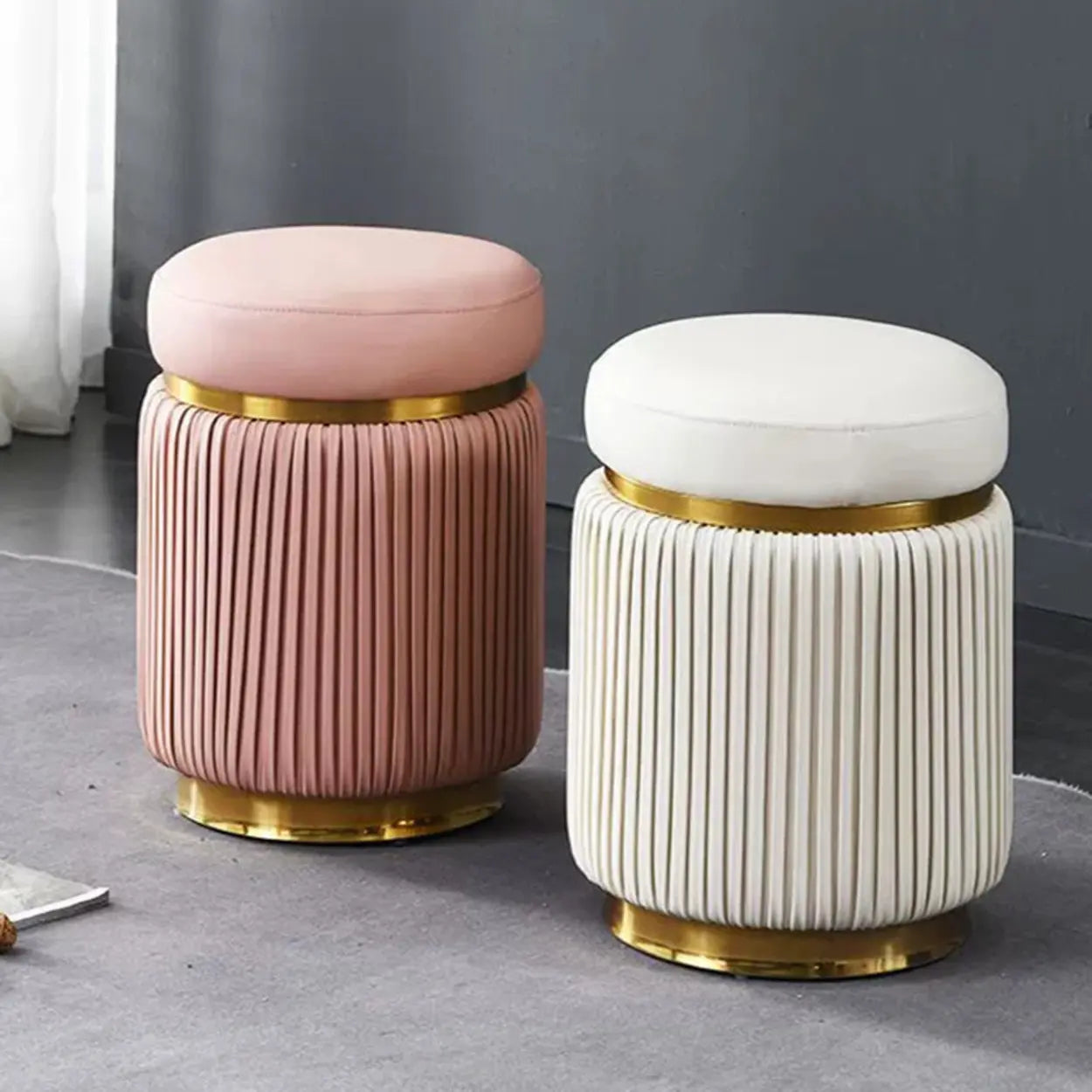 Pink Velvet Gold Cylindrical Vanity Stool