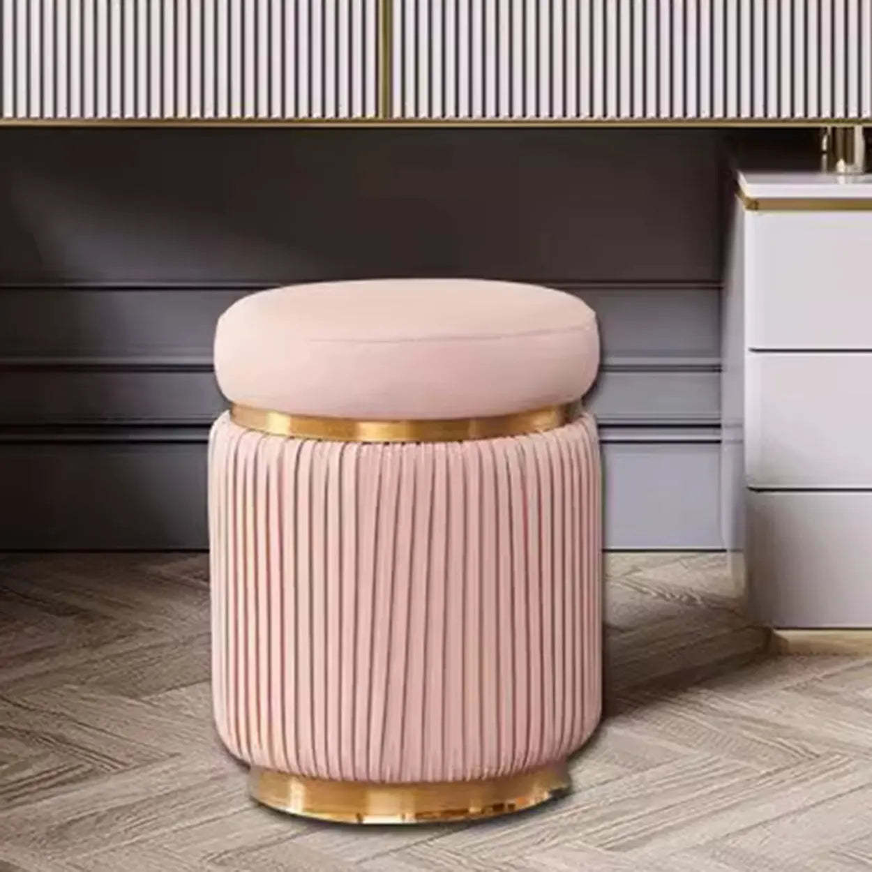 Pink Velvet Gold Cylindrical Vanity Stool — Coffee / 2 Piece Set
