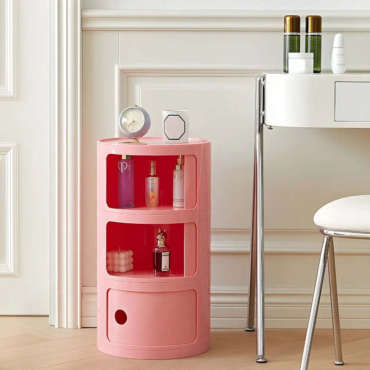 Pink Round Plastic Nightstand with Shelves and Cabinet — White / 1 Piece
