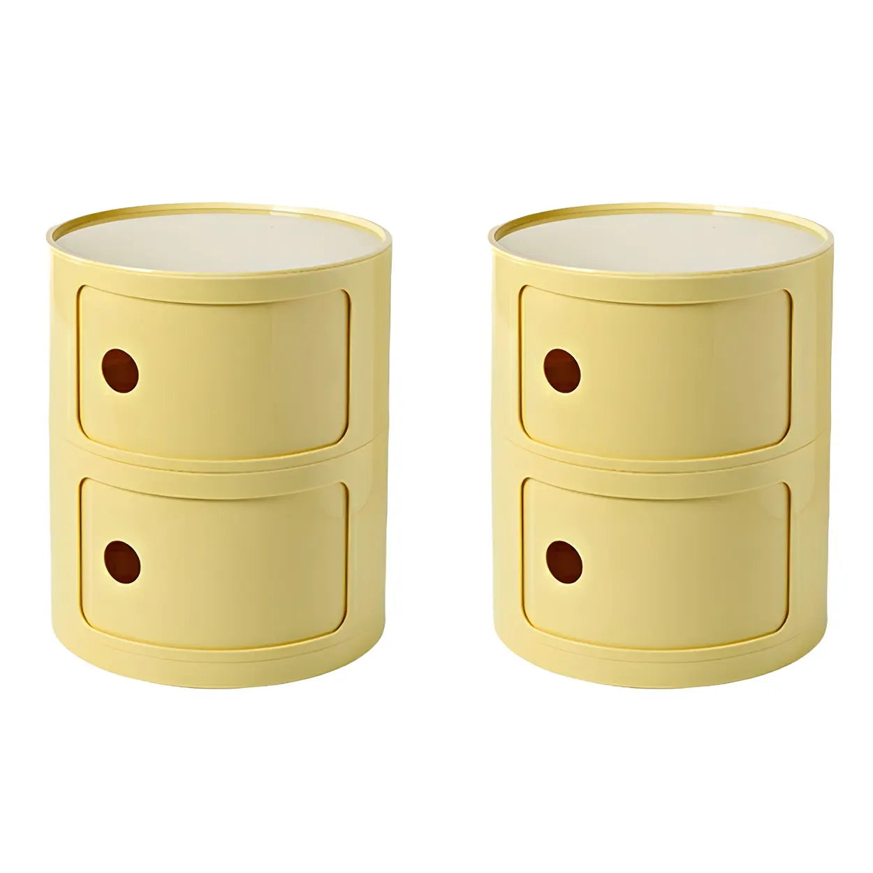 Pink Round Plastic Nightstand with Shelves and Cabinet — White / 2 Piece Set