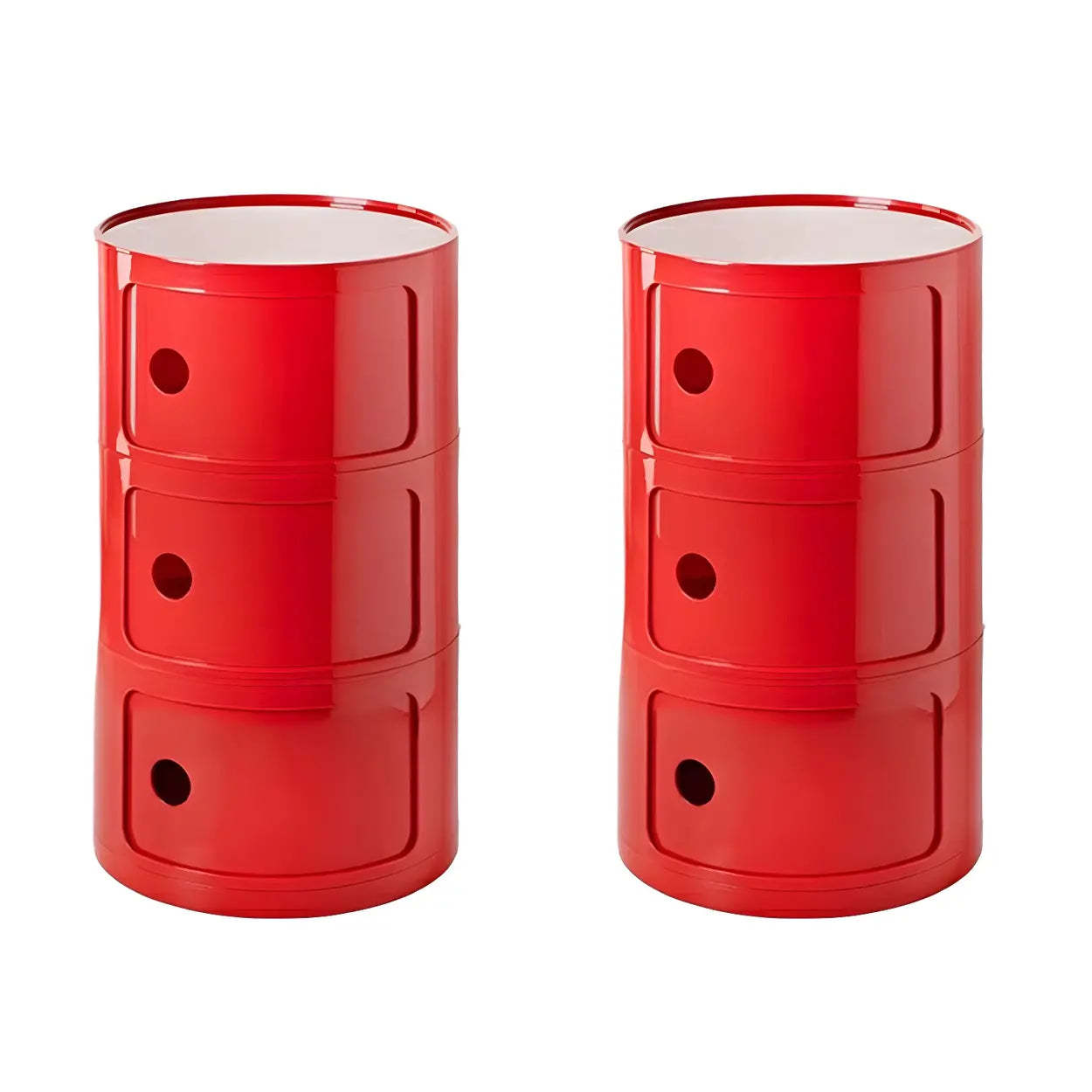 Pink Round Plastic Nightstand with Shelves and Cabinet — Off-White / 2 Piece Set