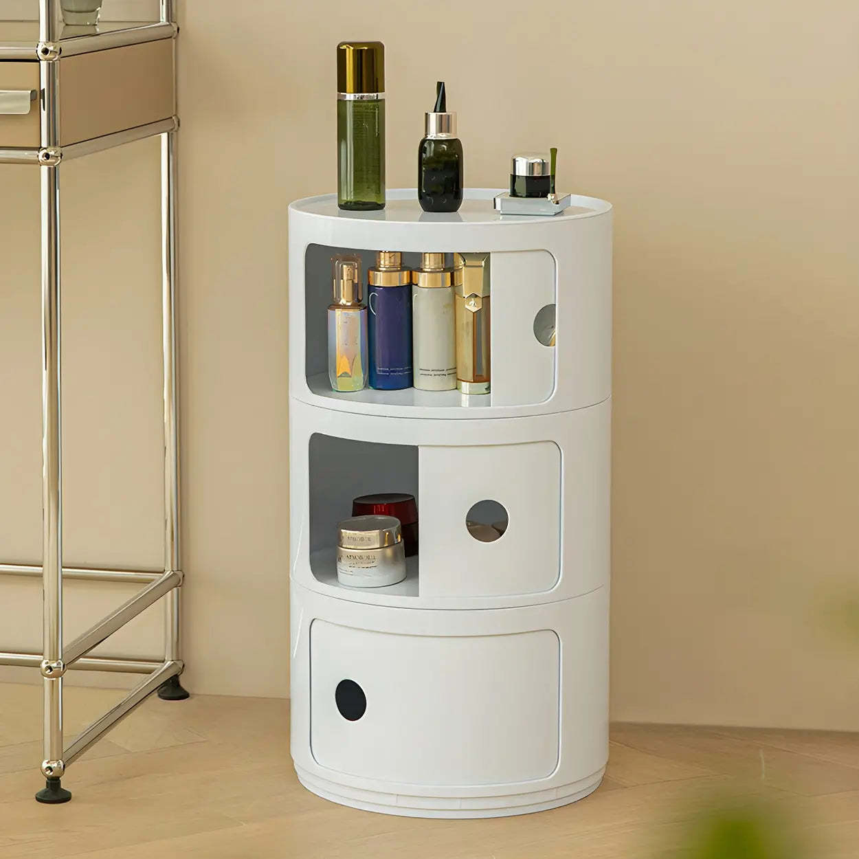 Pink Round Plastic Nightstand with Shelves and Cabinet — Yellow / 1 Piece