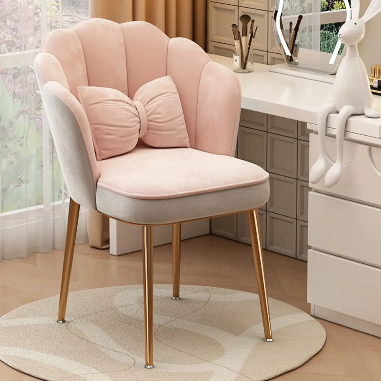 Pink Scalloped Velvet Vanity Stool with Cushion