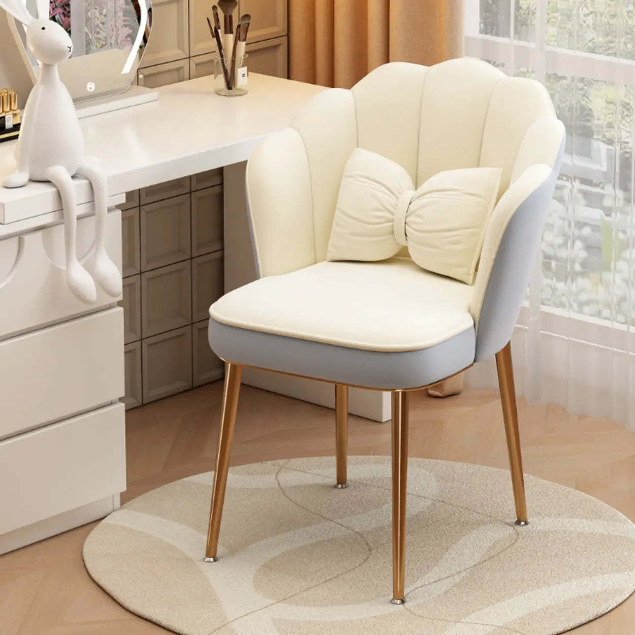 Pink Scalloped Velvet Vanity Stool with Cushion — Black / White