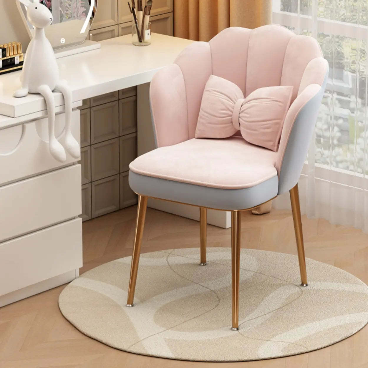 Pink Scalloped Velvet Vanity Stool with Cushion — Black / Bean Paste Color