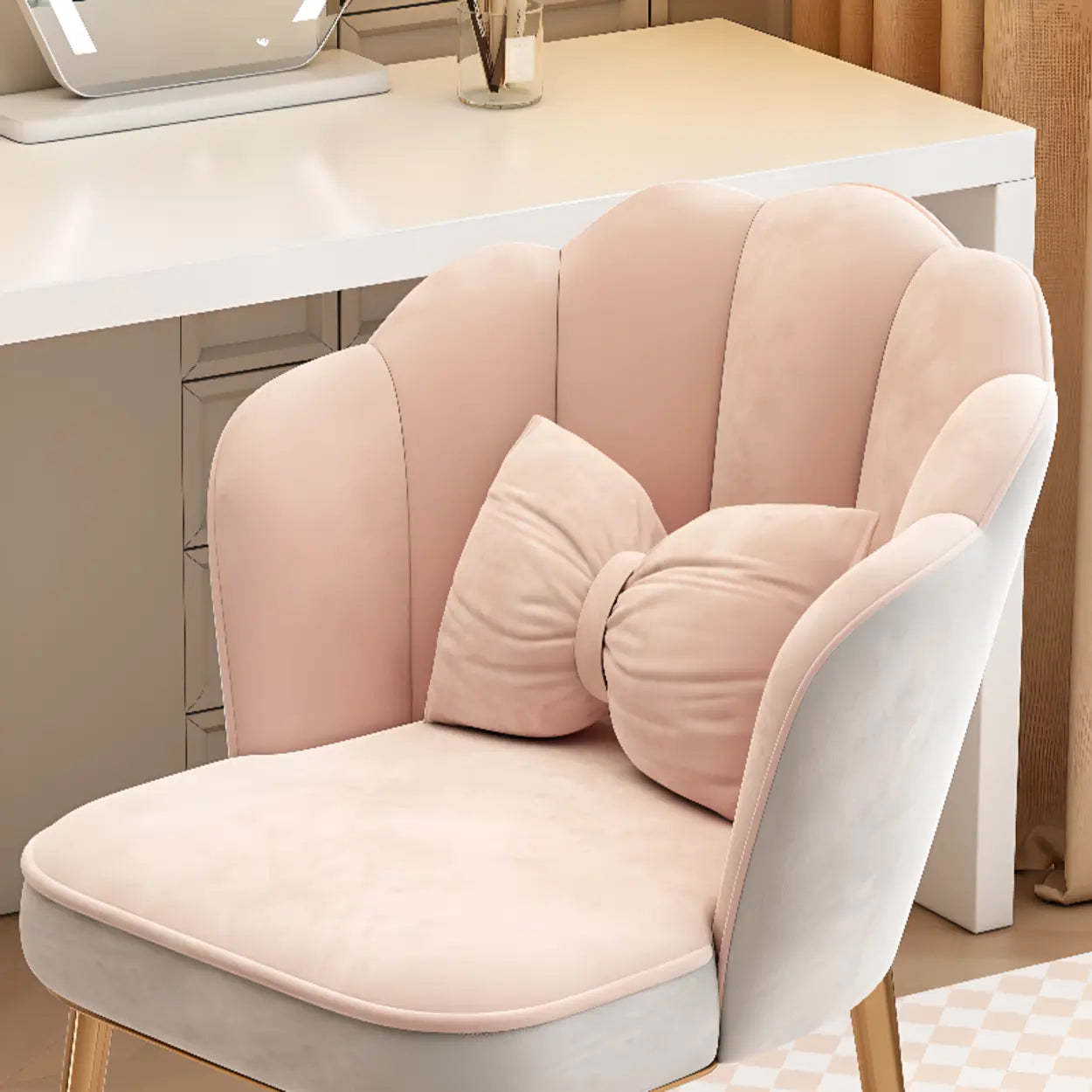 Pink Scalloped Velvet Vanity Stool with Cushion