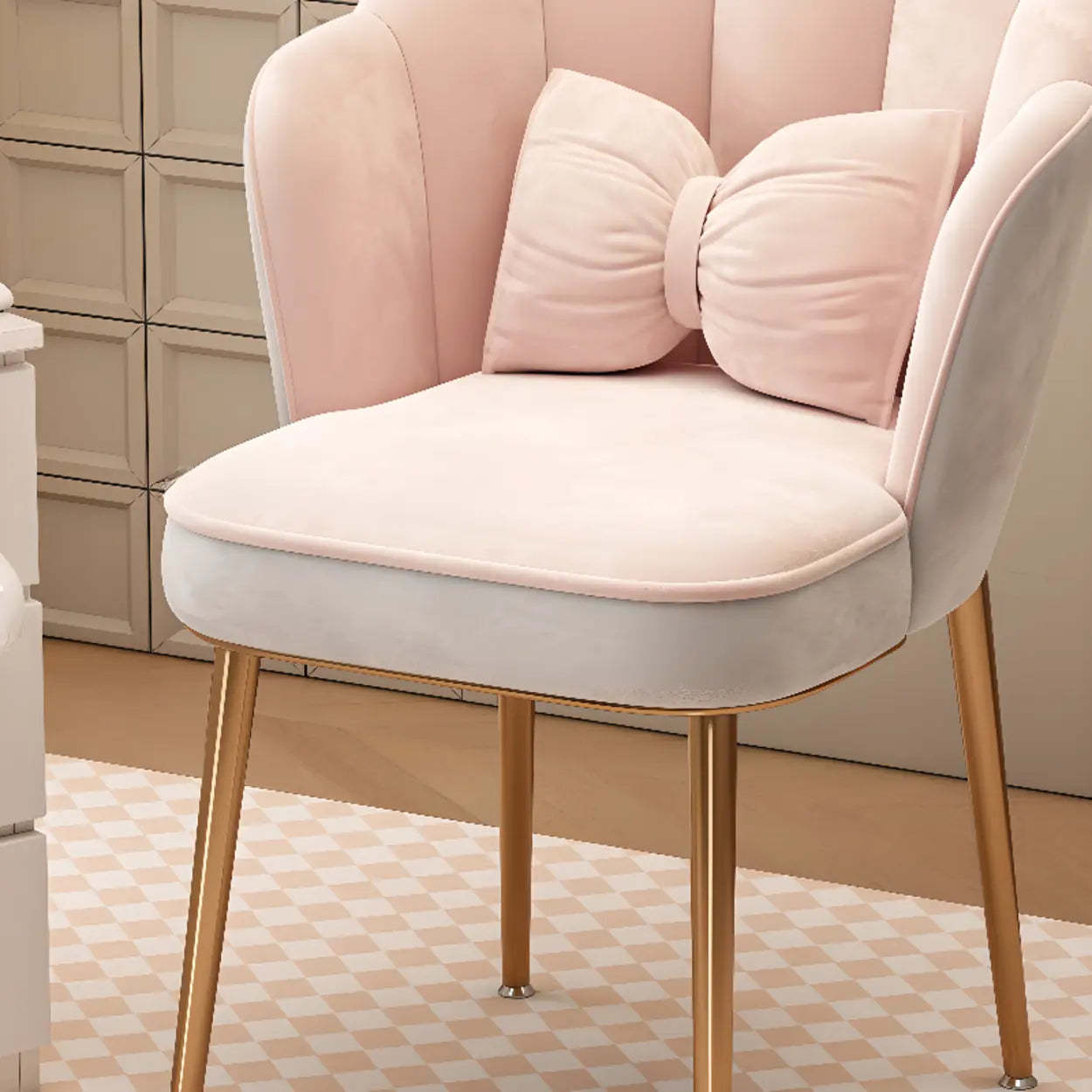 Pink Scalloped Velvet Vanity Stool with Cushion