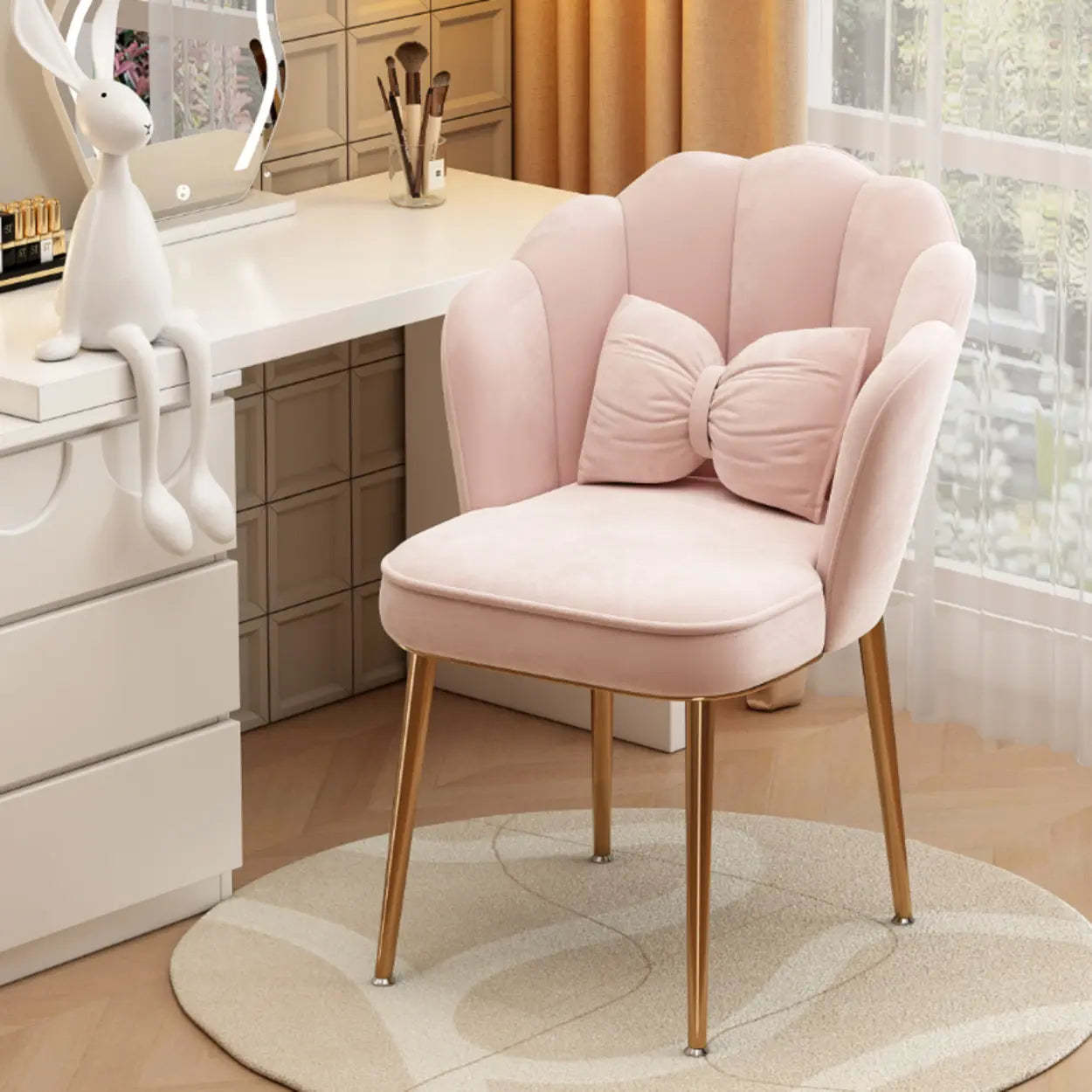 Pink Scalloped Velvet Vanity Stool with Cushion