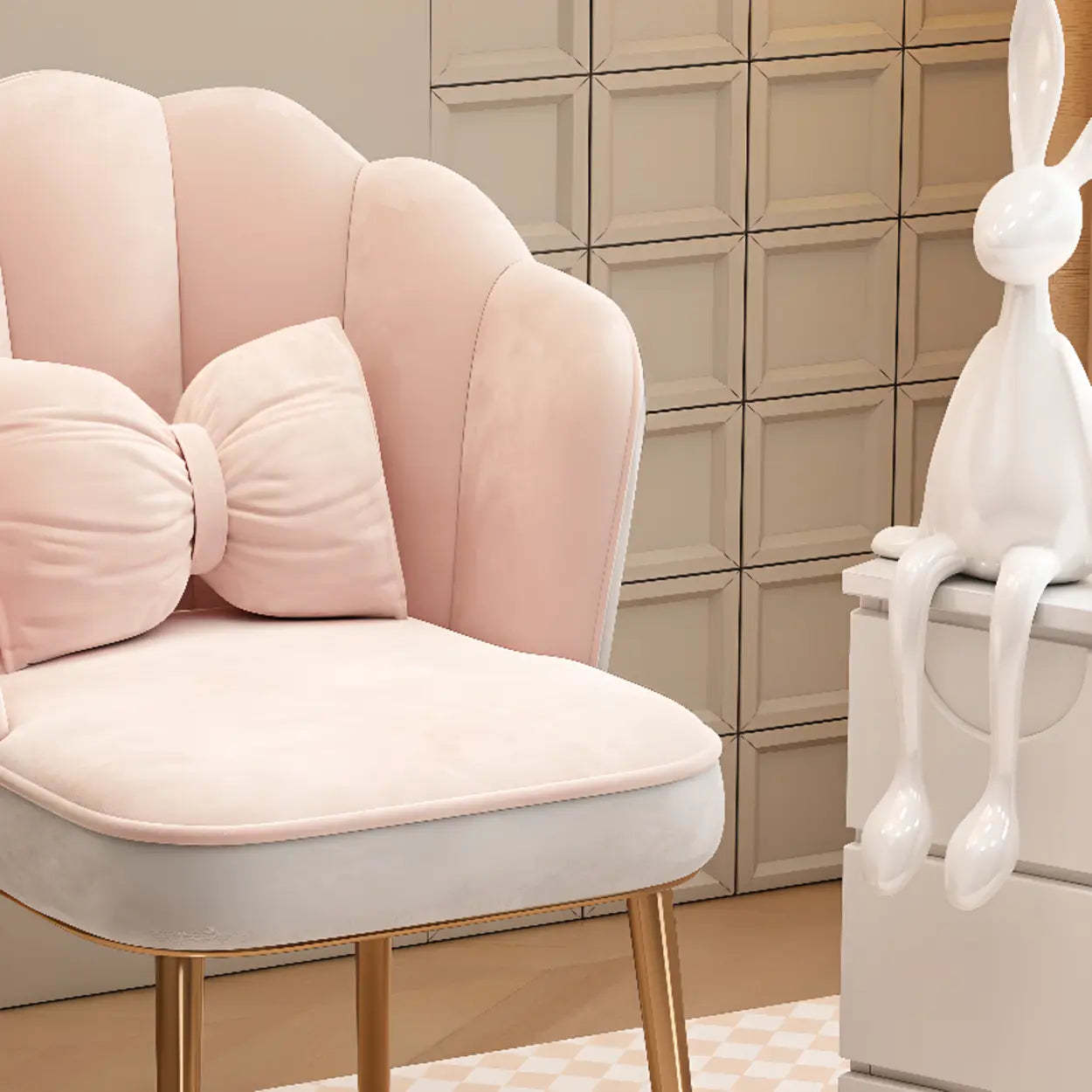 Pink Scalloped Velvet Vanity Stool with Cushion