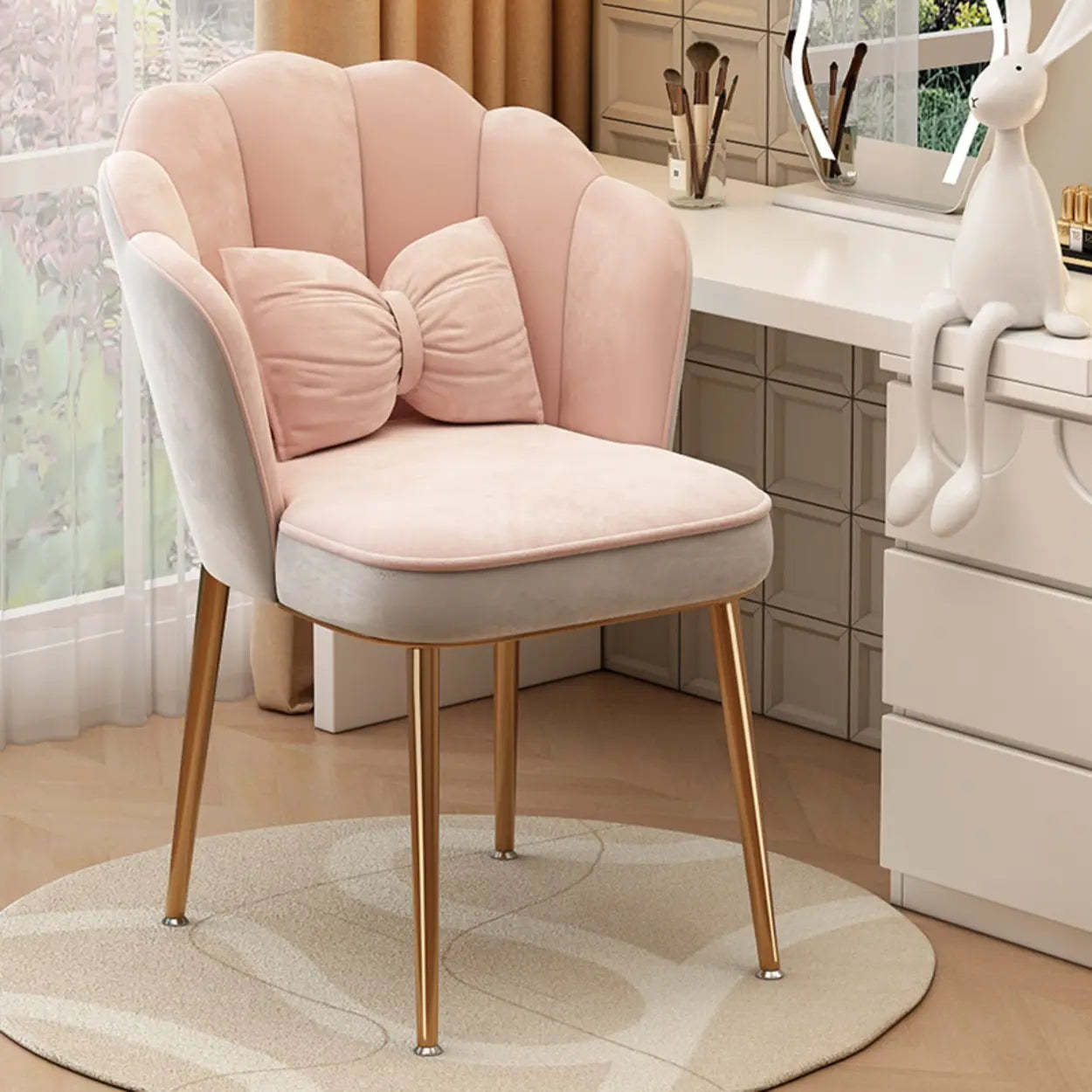 Pink Scalloped Velvet Vanity Stool with Cushion — Gold / Gray