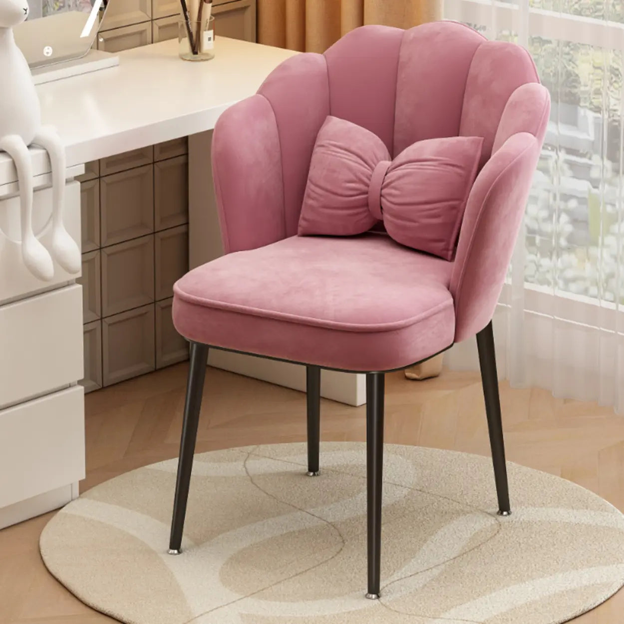 Pink Scalloped Velvet Vanity Stool with Cushion — Gold / White