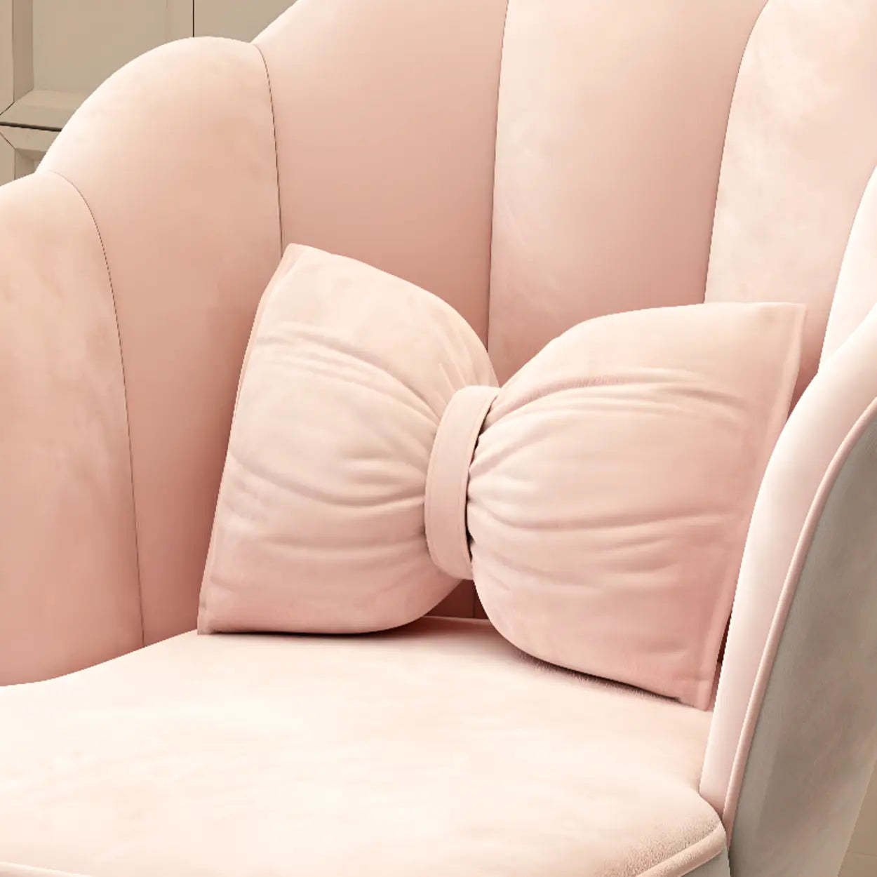Pink Scalloped Velvet Vanity Stool with Cushion