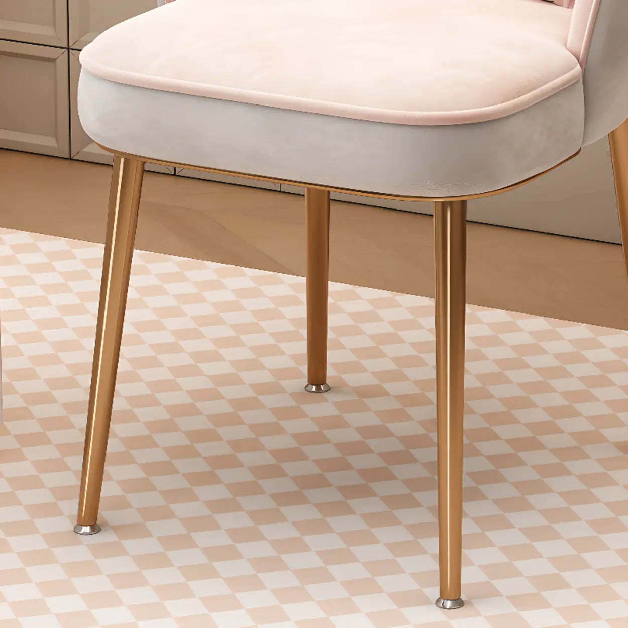 Pink Scalloped Velvet Vanity Stool with Cushion